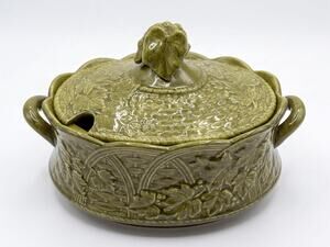 Grape Leaf Majolica Tureen: Vintage Covered Casserole (Basketweave Texture)